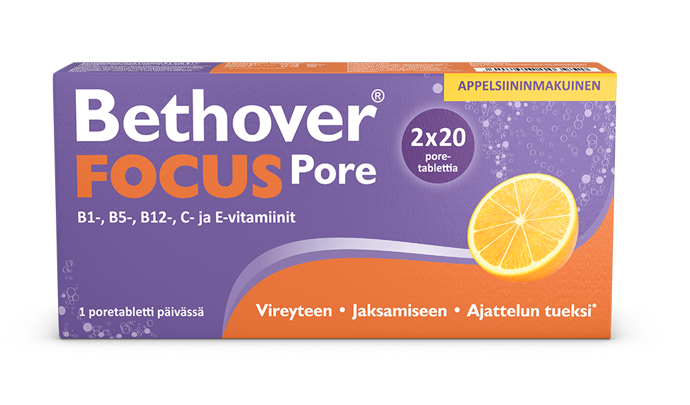 Bethover Focus Pore appelsiini, Bethover Focus Pore Appelsiini, B1- ja B12-vitamiinit, Pantoteenihappo, C-vitamiini