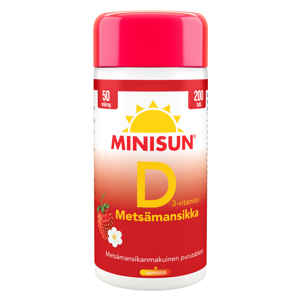 Minisun D3-vitamiini 50 mikrog Metsämansikka 200 tabl