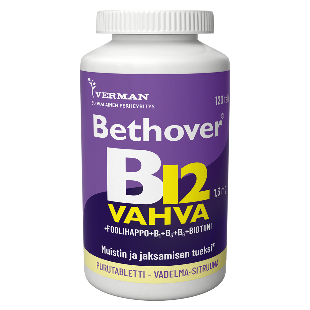 Bethover B12-vitamiini Vahva vadelma-sitruuna 120 tabl
