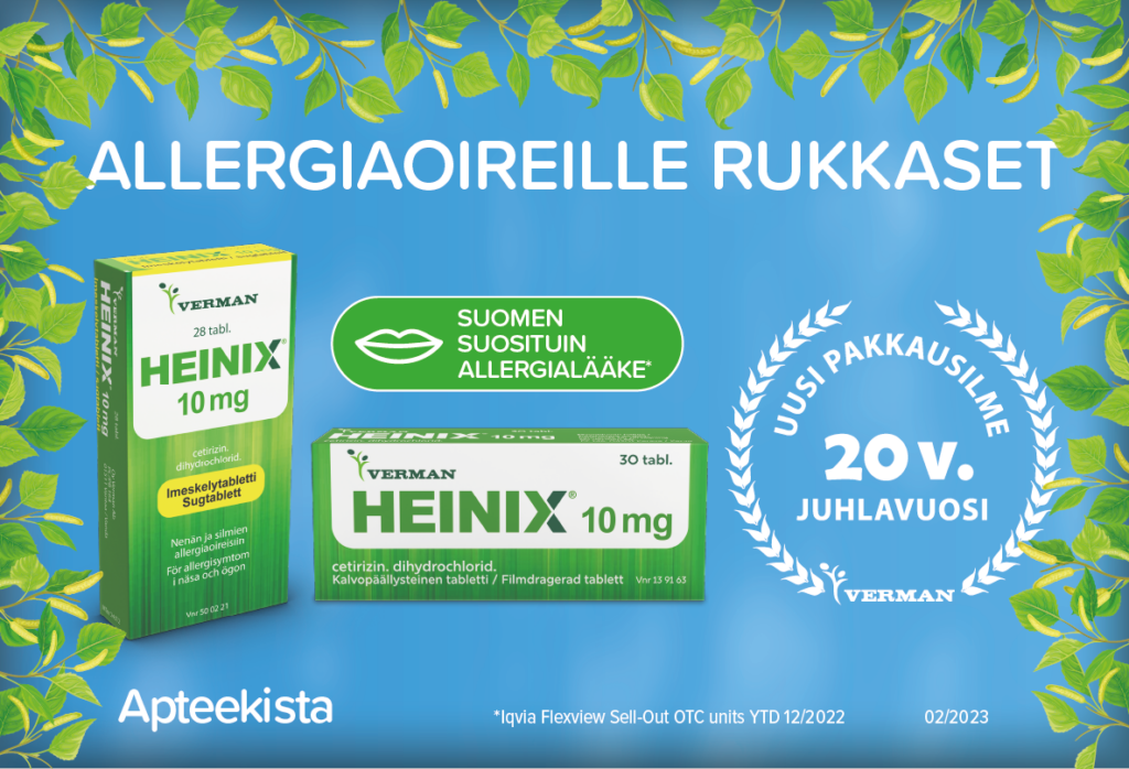 Allergialääke Heinix 20 vuotta, allergian hoito, siitepölyallergia, heinäallergia, nokkosihottuma