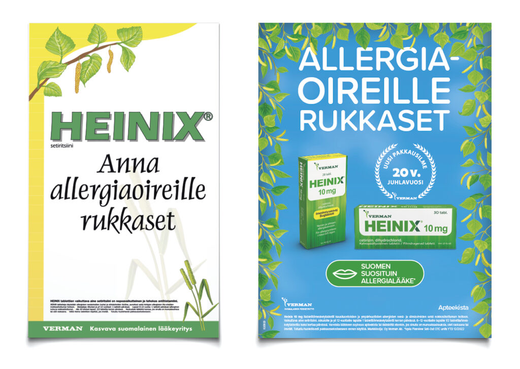 Heinix allergialääke mainokset 2003 ja 2023